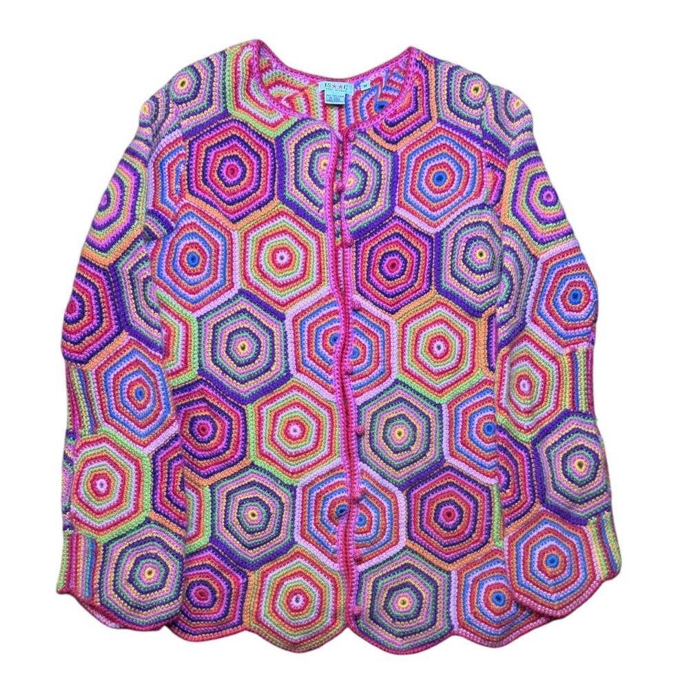 ISAAC MIZRAHI VINTAGE Granny Square Crochet Cardigan Medium Colorful 100% Wool